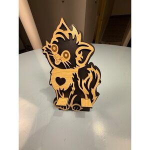 Wooden Kitten Phone Stand Laser Cut Cat Desk Accessory Black Natural Wood Heart